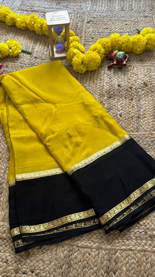 Wrinkle Crepe Silk Saree - Mustard + Black