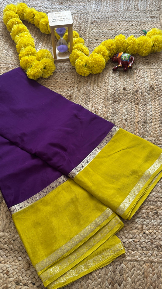 Wrinkle Crepe Silk Saree - Purple + Mustard