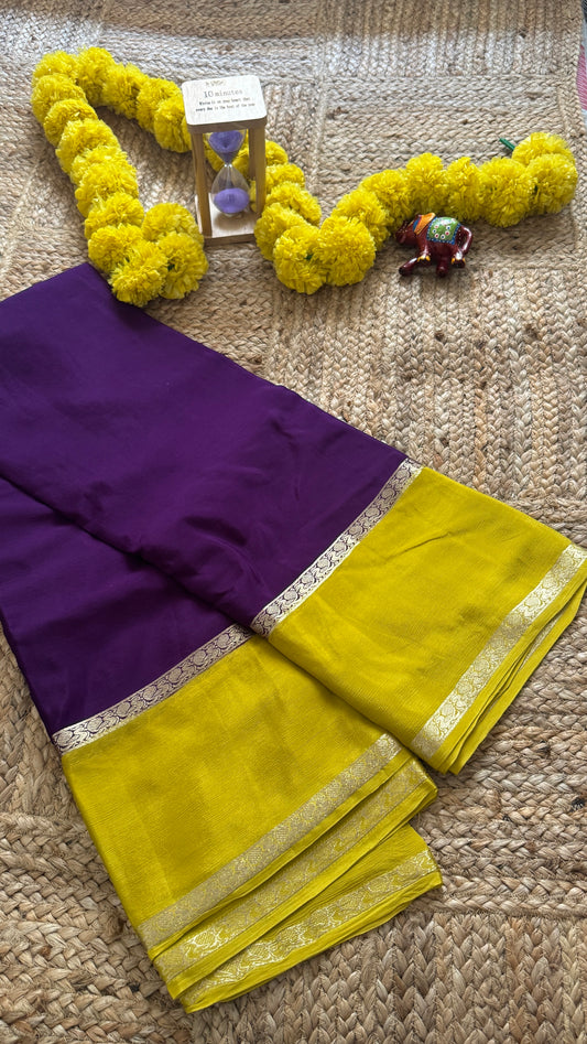 Wrinkle Crepe Silk Saree - Purple + Mustard