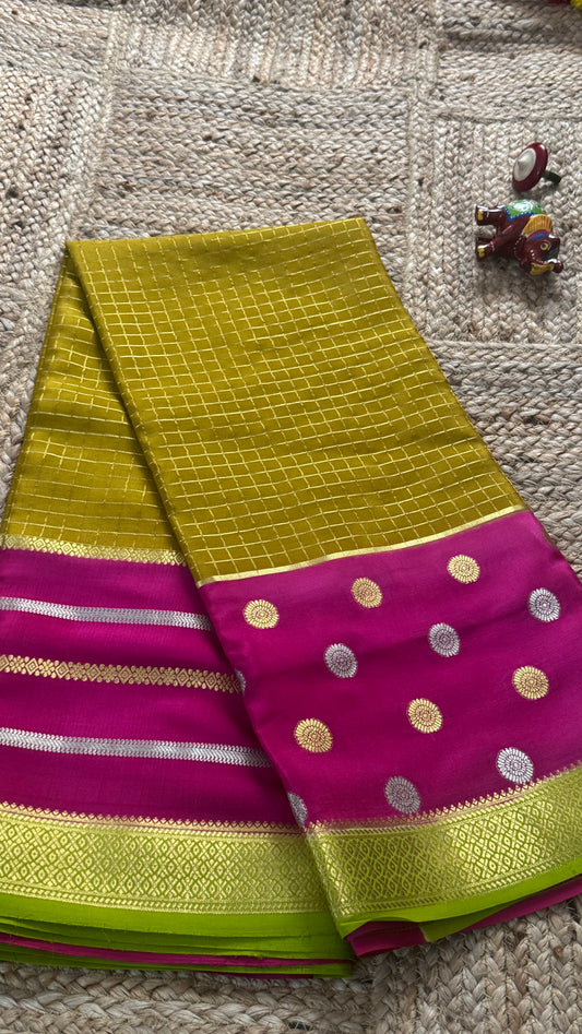 Prakriti Collections - Mysore Silk Centre Checks Mehandi Pink and Green