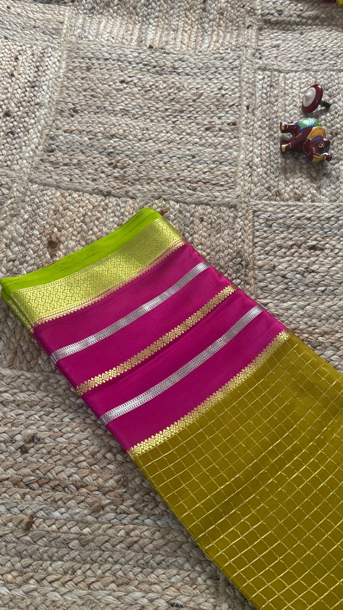 Prakriti Collections - Mysore Silk Centre Checks Mehandi Pink and Green