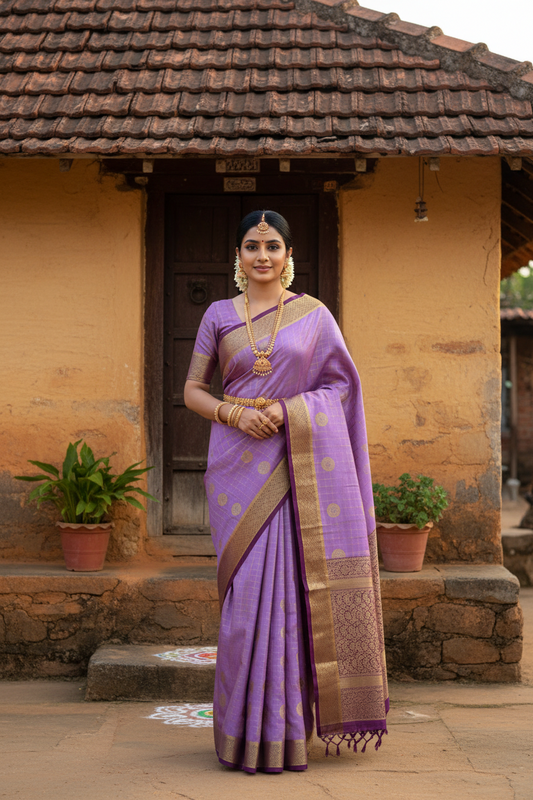 Prakriti Collections - Mysore Silk Centre Checks Purple and Wine
