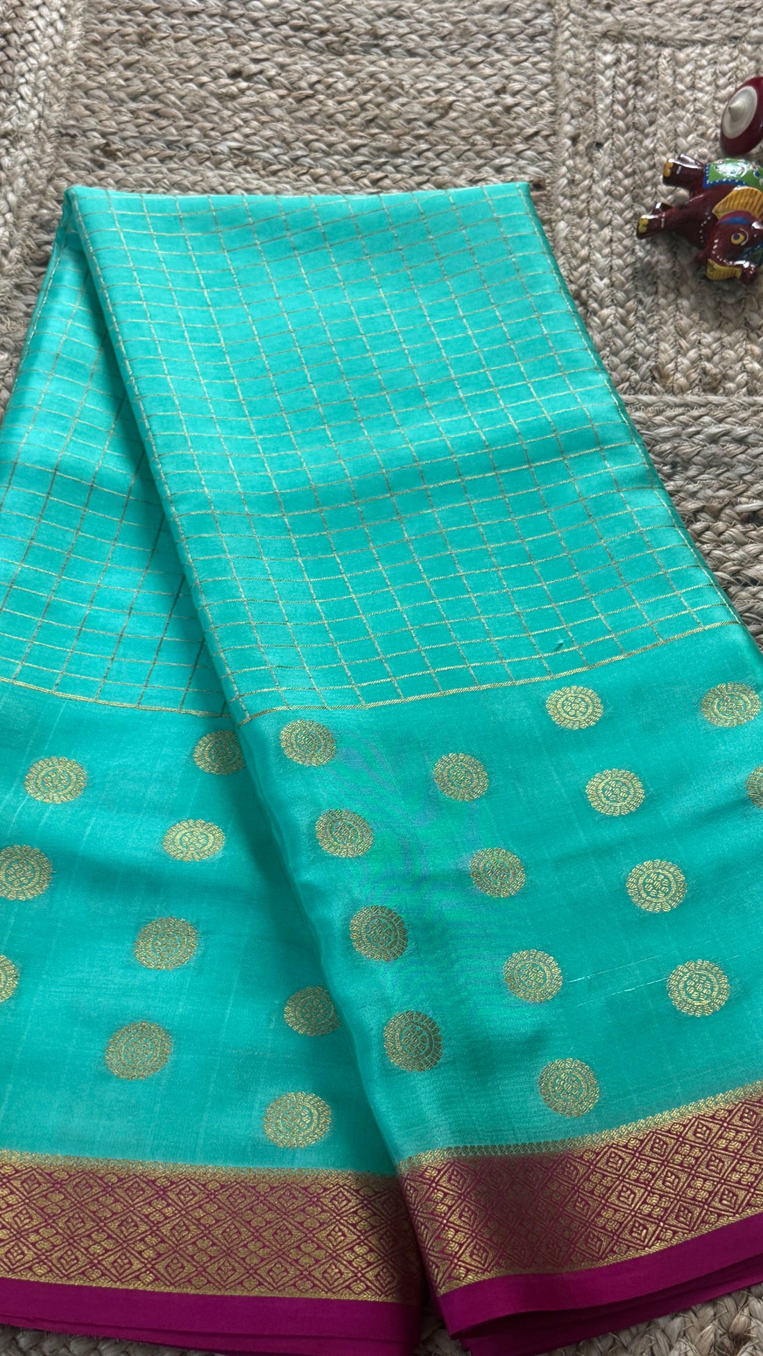 Prakriti Collections - Mysore Silk Centre Checks SeaBlue and Pink