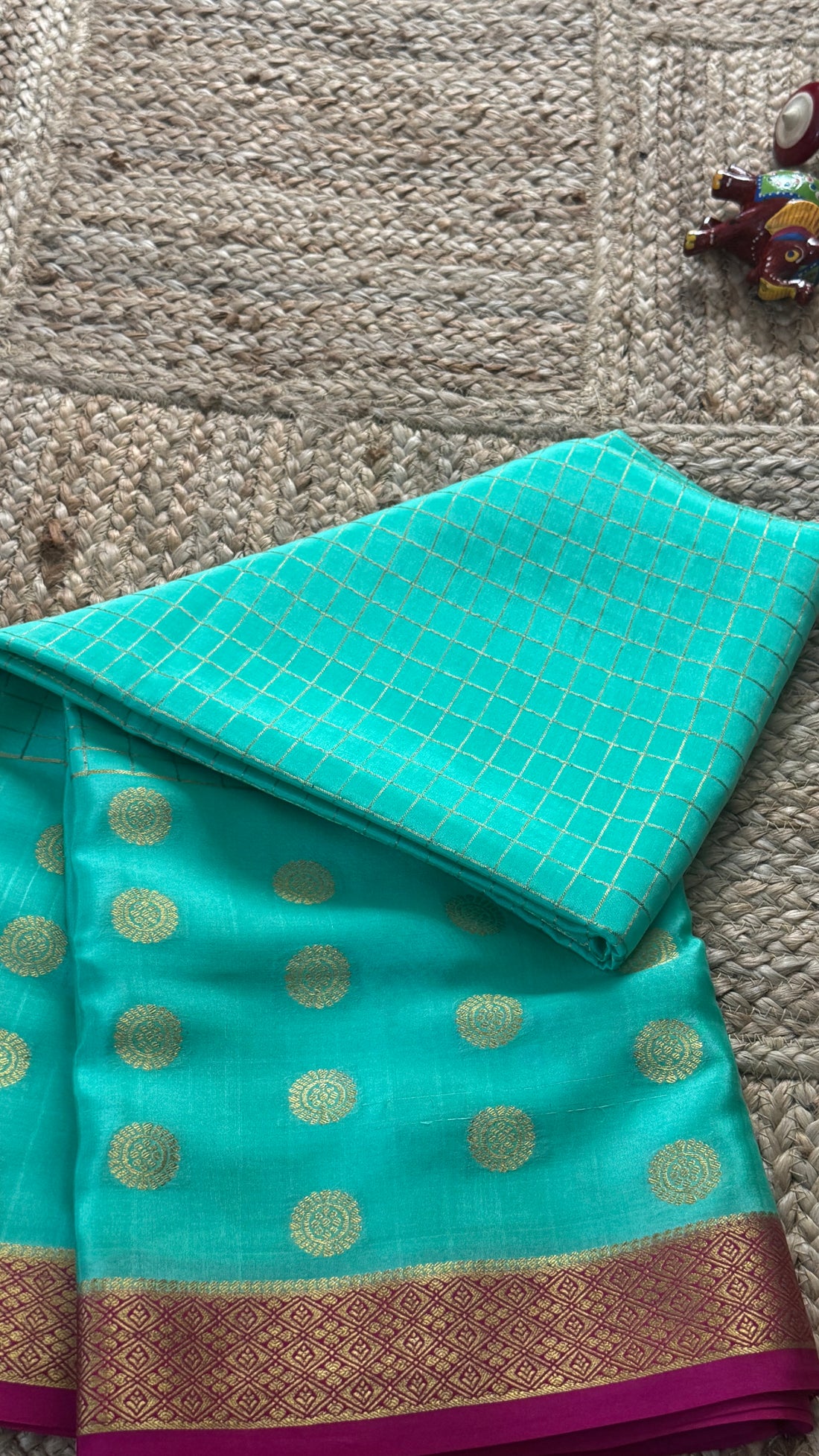Prakriti Collections - Mysore Silk Centre Checks SeaBlue and Pink