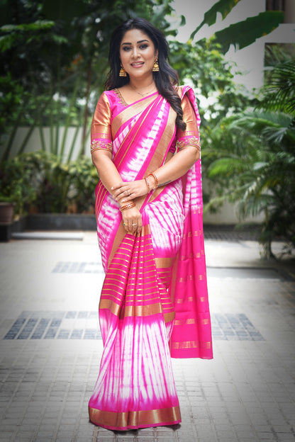 1.Pure Mysore Silk Saree - Shibori Center Stripes - Baby Pink and White