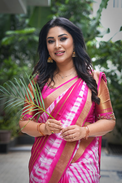 1.Pure Mysore Silk Saree - Shibori Center Stripes - Baby Pink and White