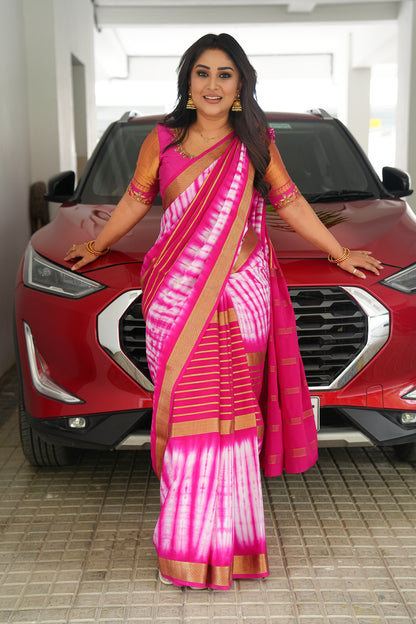 1.Pure Mysore Silk Saree - Shibori Center Stripes - Baby Pink and White