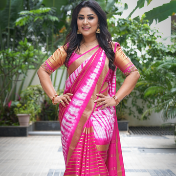 Pure Mysore Silk Saree - Shibori Center Stripes - Baby Pink and White
