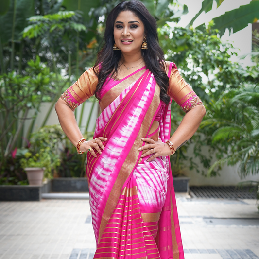 1.Pure Mysore Silk Saree - Shibori Center Stripes - Baby Pink and White