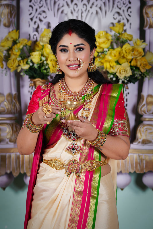 8. Pure Mysore Silk - Bespoke Drapes - White & Rani Pink & Green