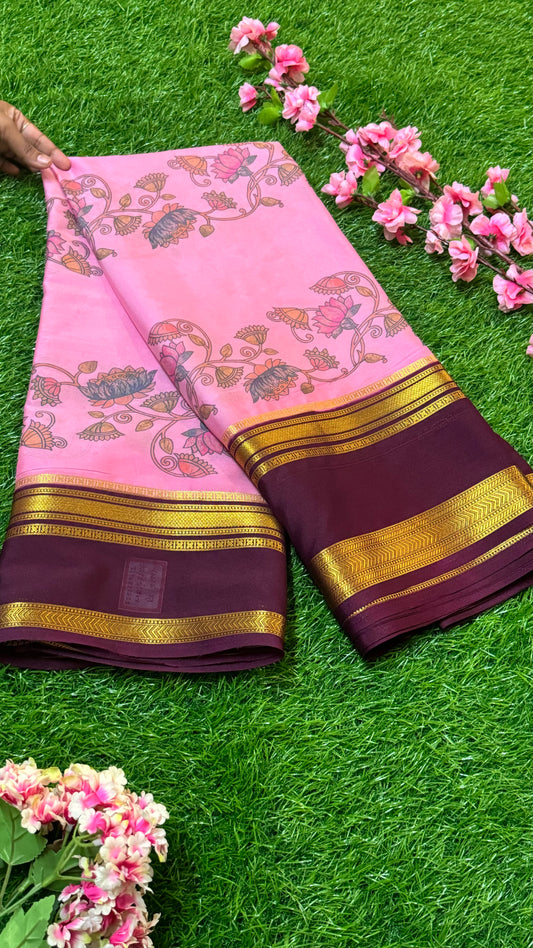 Semi Silk Sarees - Printed - Pink and Brown