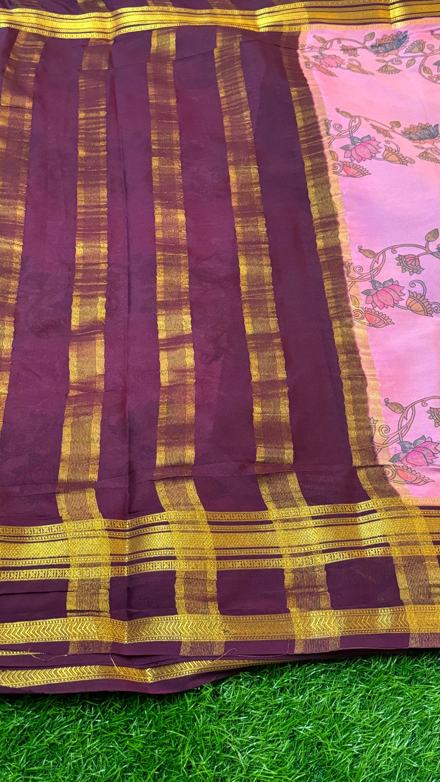Semi Silk Sarees - Printed - Pink and Brown