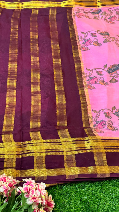 Semi Silk Sarees - Printed - Pink and Brown