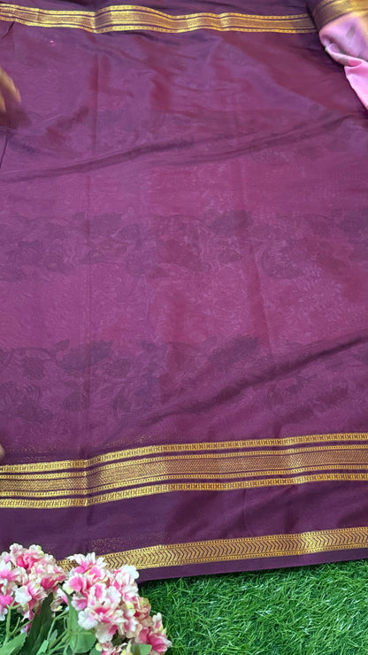 Semi Silk Sarees - Printed - Pink and Brown