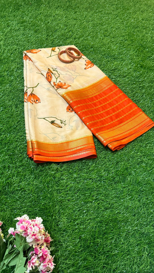 Semi Silk Saree with Gap Boarder - Cream and Orange