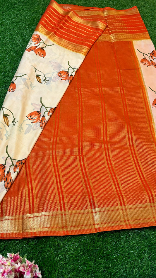 Semi Silk Saree with Gap Boarder - Cream and Orange