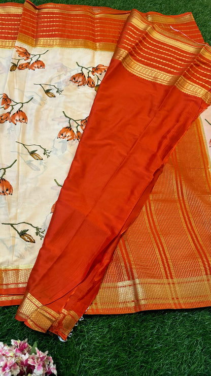 Semi Silk Saree with Gap Boarder - Cream and Orange