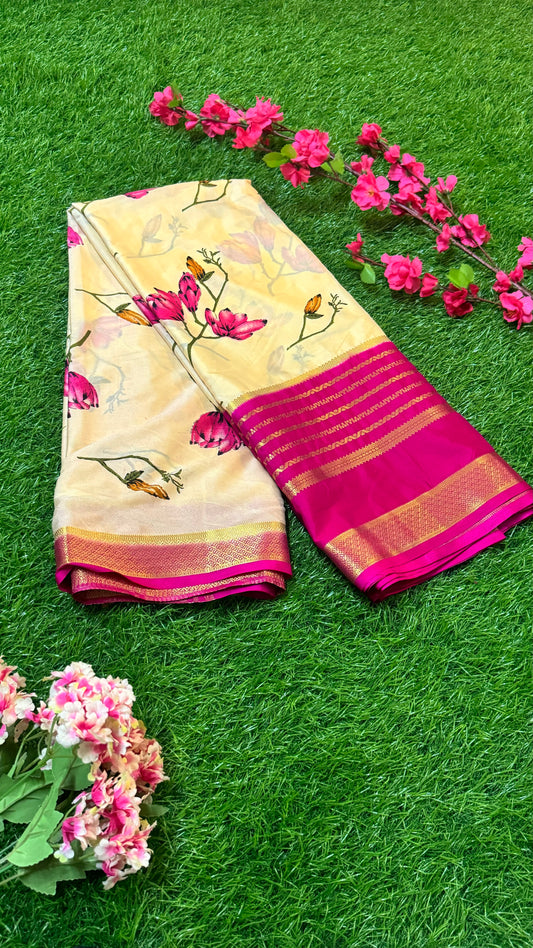 Semi Silk Saree with Gap Boarder - Cream and Pink