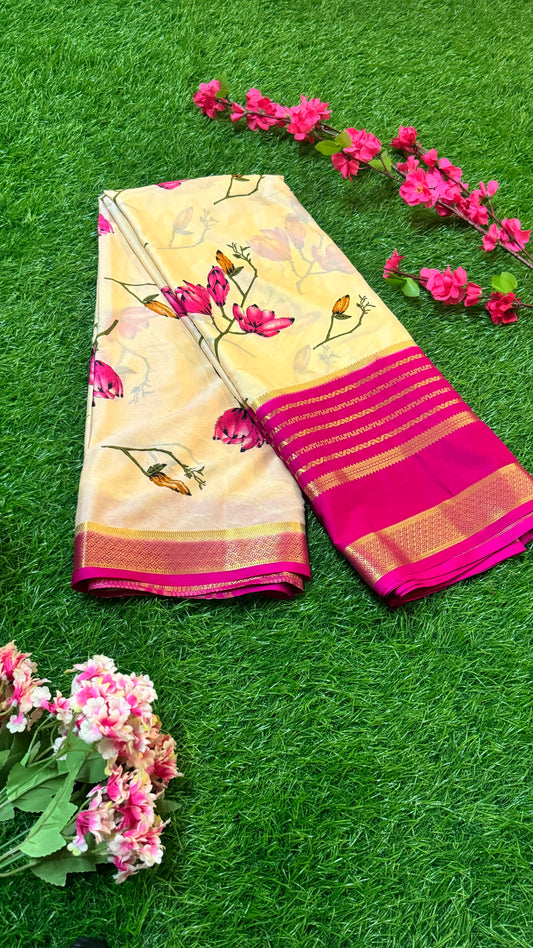 Semi Silk Saree with Gap Boarder - Cream and Pink
