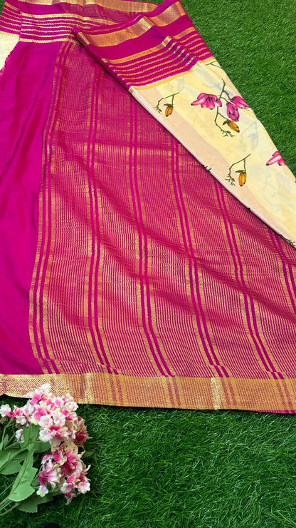 Semi Silk Saree with Gap Boarder - Cream and Pink