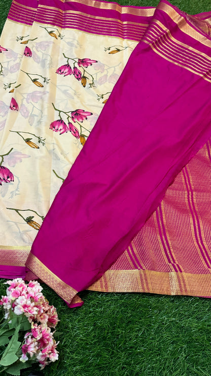 Semi Silk Saree with Gap Boarder - Cream and Pink