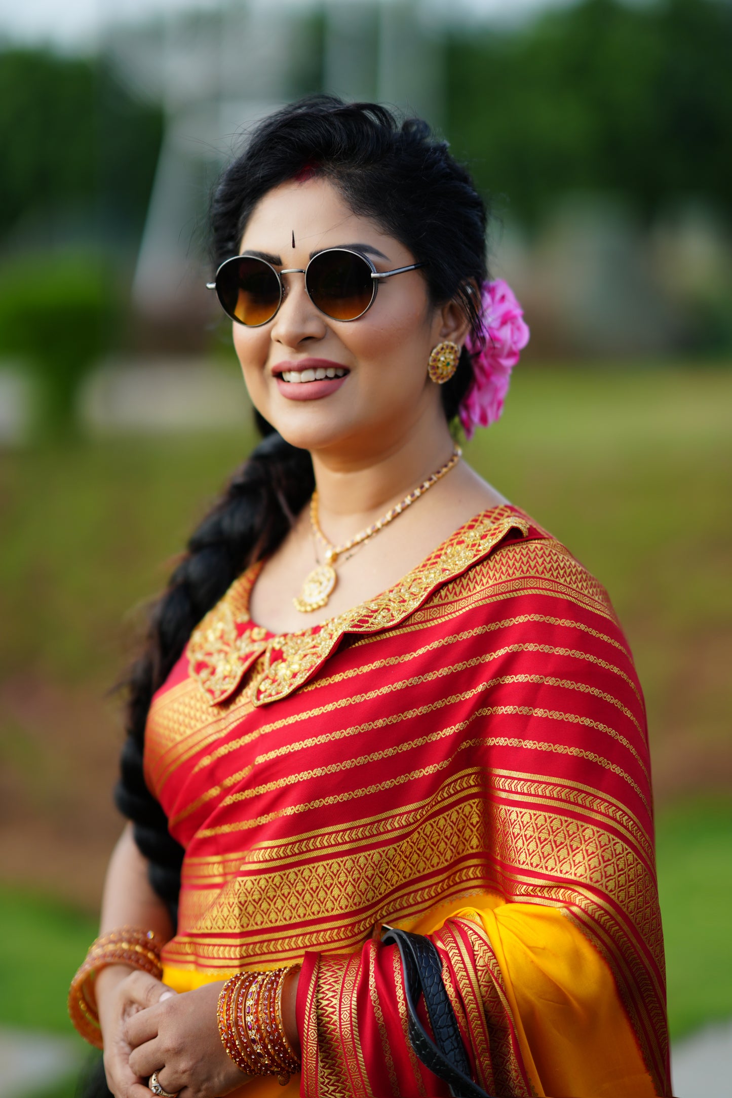 Pure Mysore Silk - Bespoke Drapes - Mustard and Red Lines Boarder
