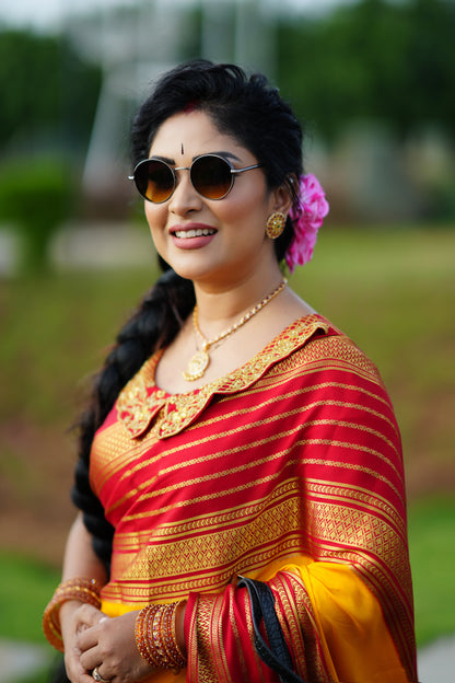Pure Mysore Silk - Bespoke Drapes - Mustard and Red Lines Boarder