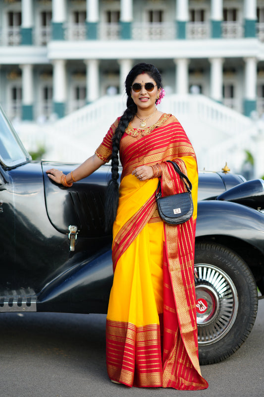 Pure Mysore Silk - Bespoke Drapes - Mustard and Red Lines Boarder