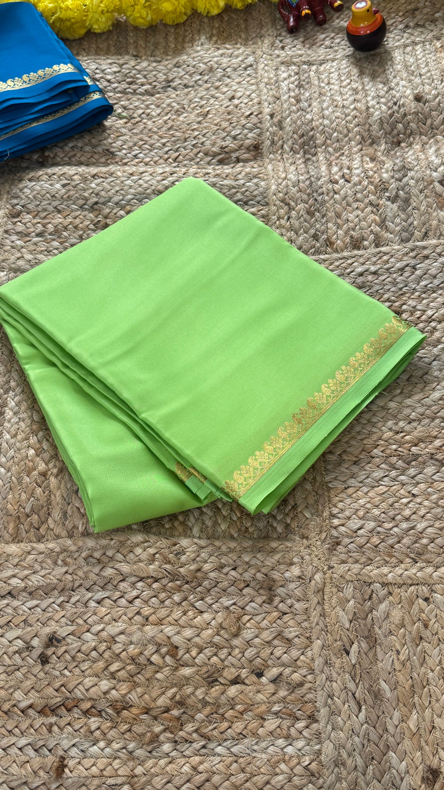 Combo Offer - Parrot Green Monotone Mysuru Silk Saree + Designer second Blouse fabric