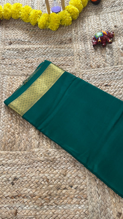 Combo Offer - Green Monotone Mysuru Silk Saree + Designer second Blouse fabric