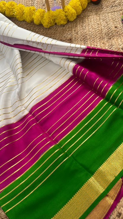 Premium Mysore Silk 3D Saree - White Green Purple