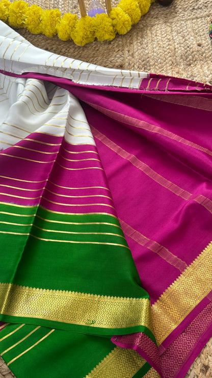 Premium Mysore Silk 3D Saree - White Green Purple