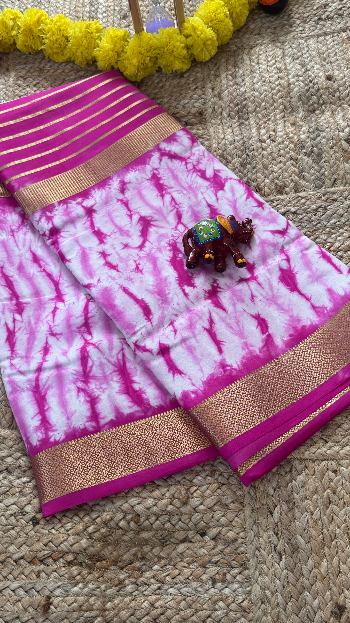 1.Pure Mysore Silk Saree - Shibori Center Stripes - Baby Pink and White