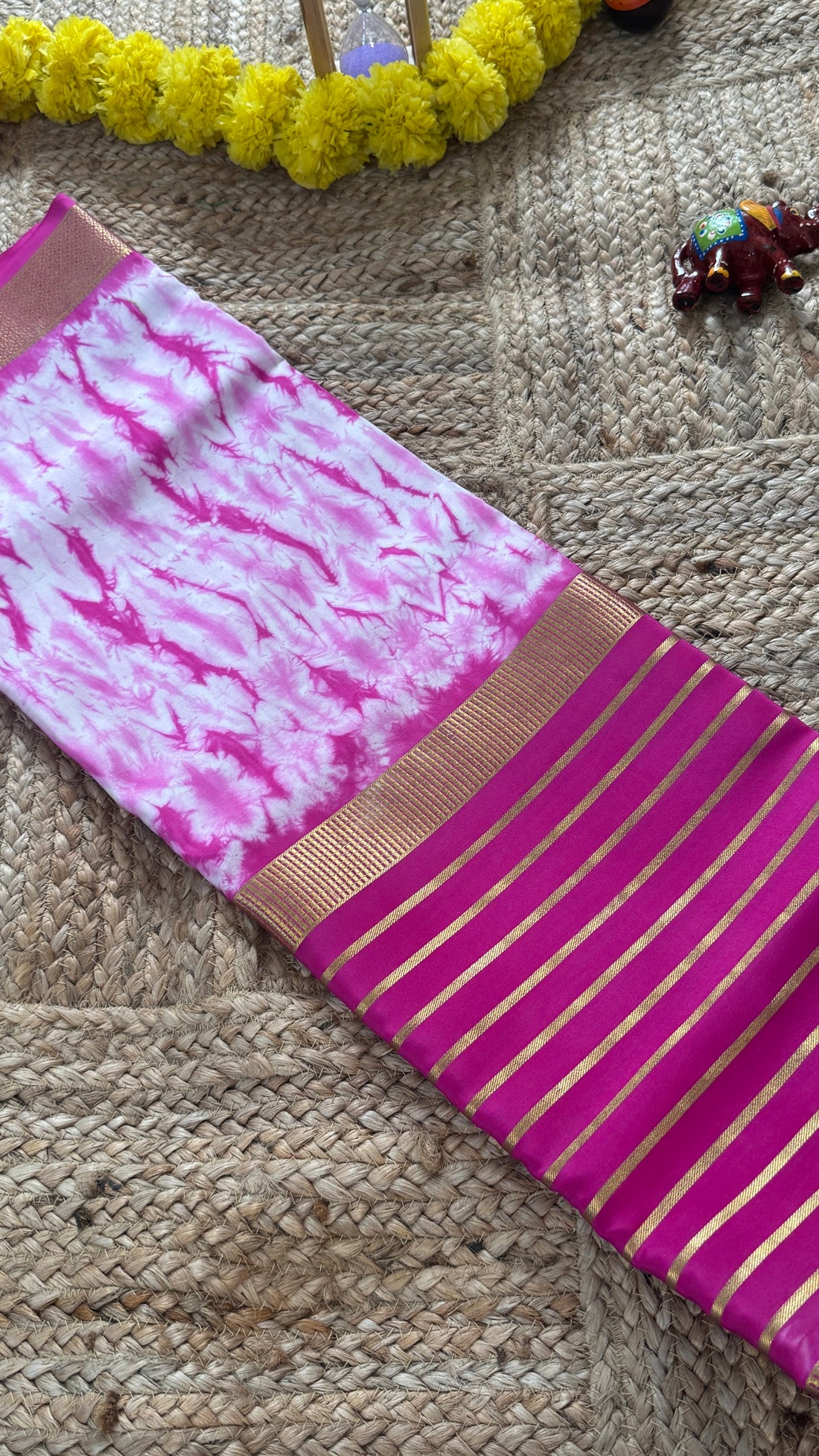 Pure Mysore Silk Saree - Shibori Center Stripes - Baby Pink and White