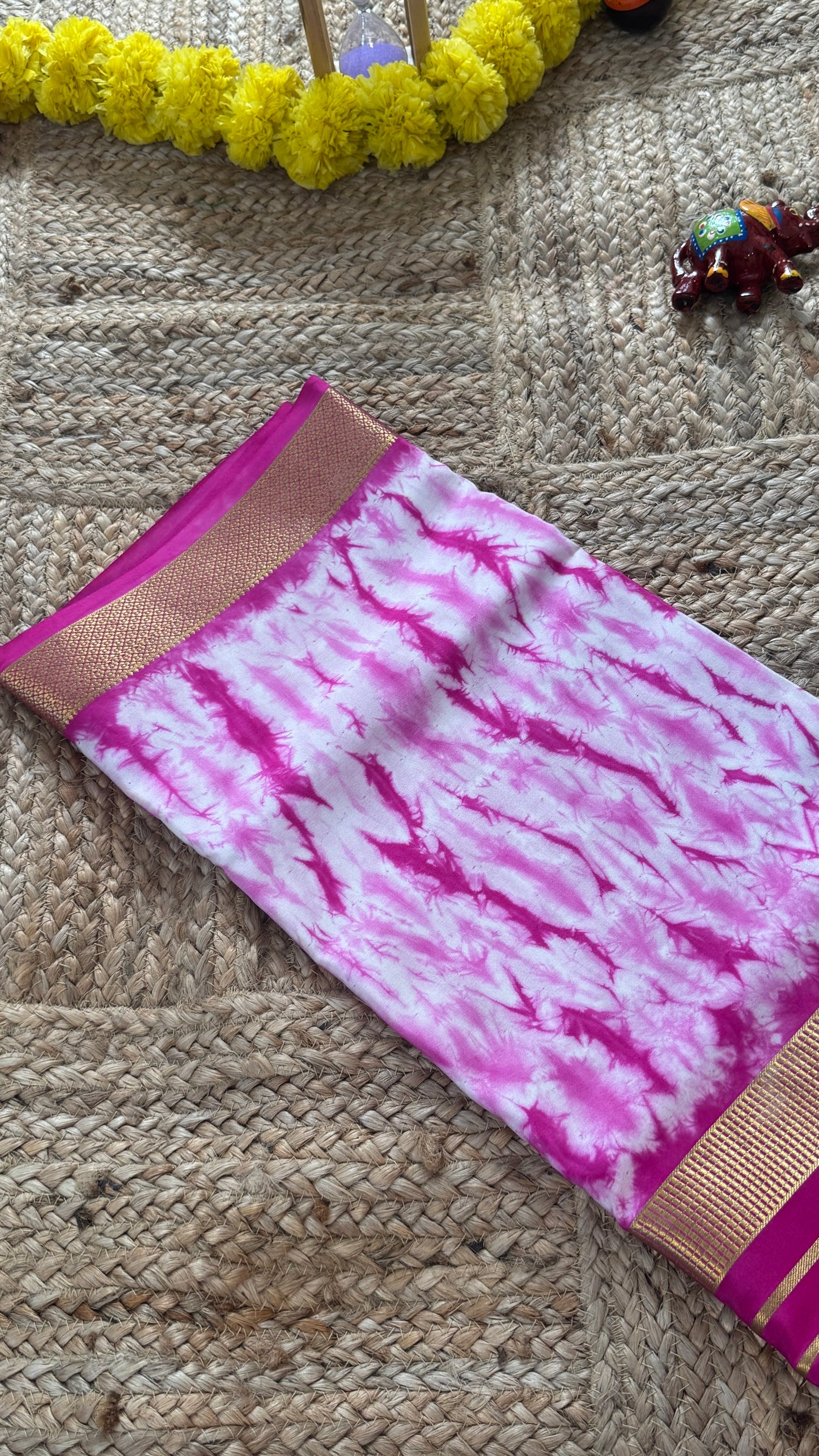 1.Pure Mysore Silk Saree - Shibori Center Stripes - Baby Pink and White
