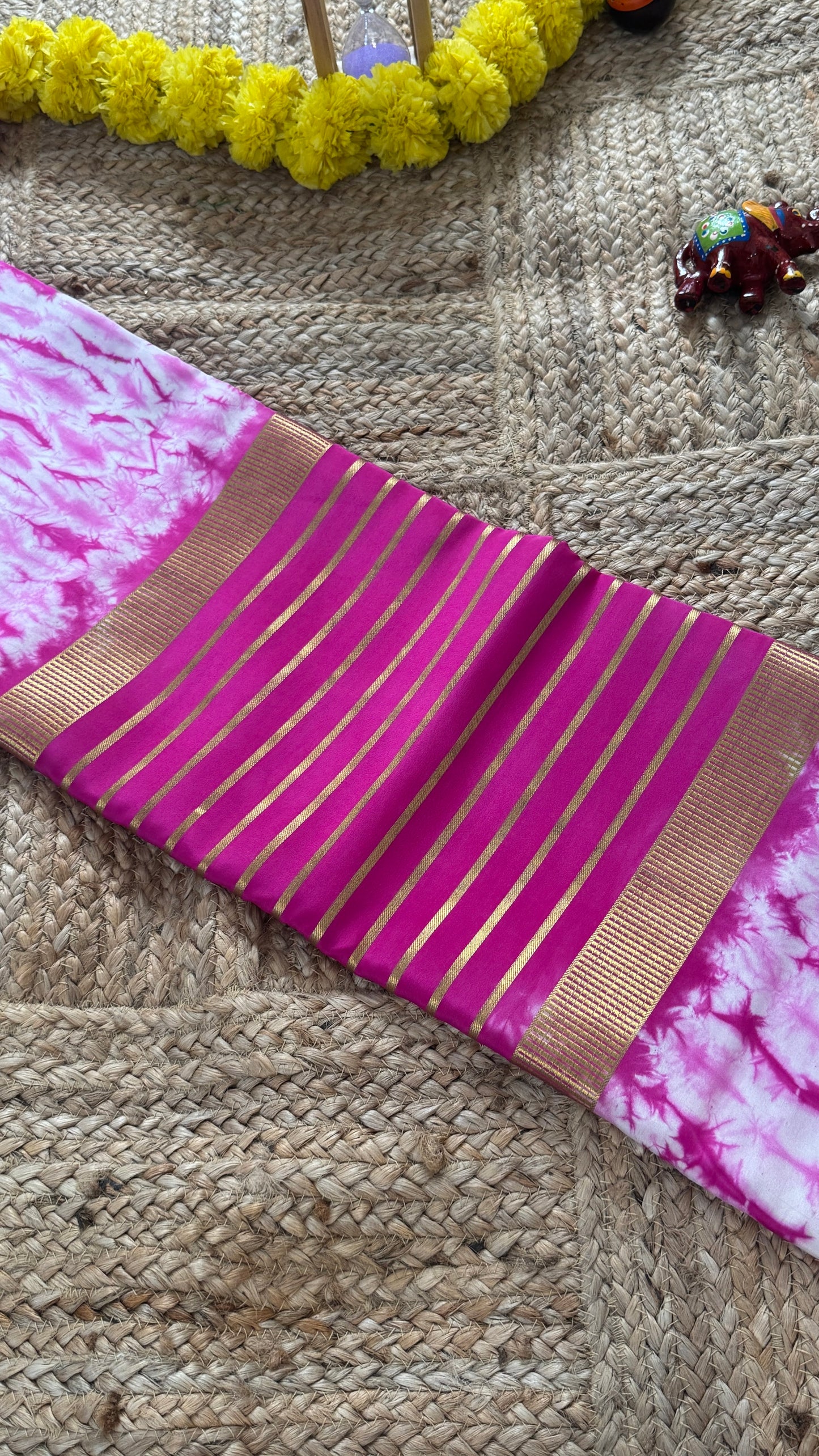 1.Pure Mysore Silk Saree - Shibori Center Stripes - Baby Pink and White