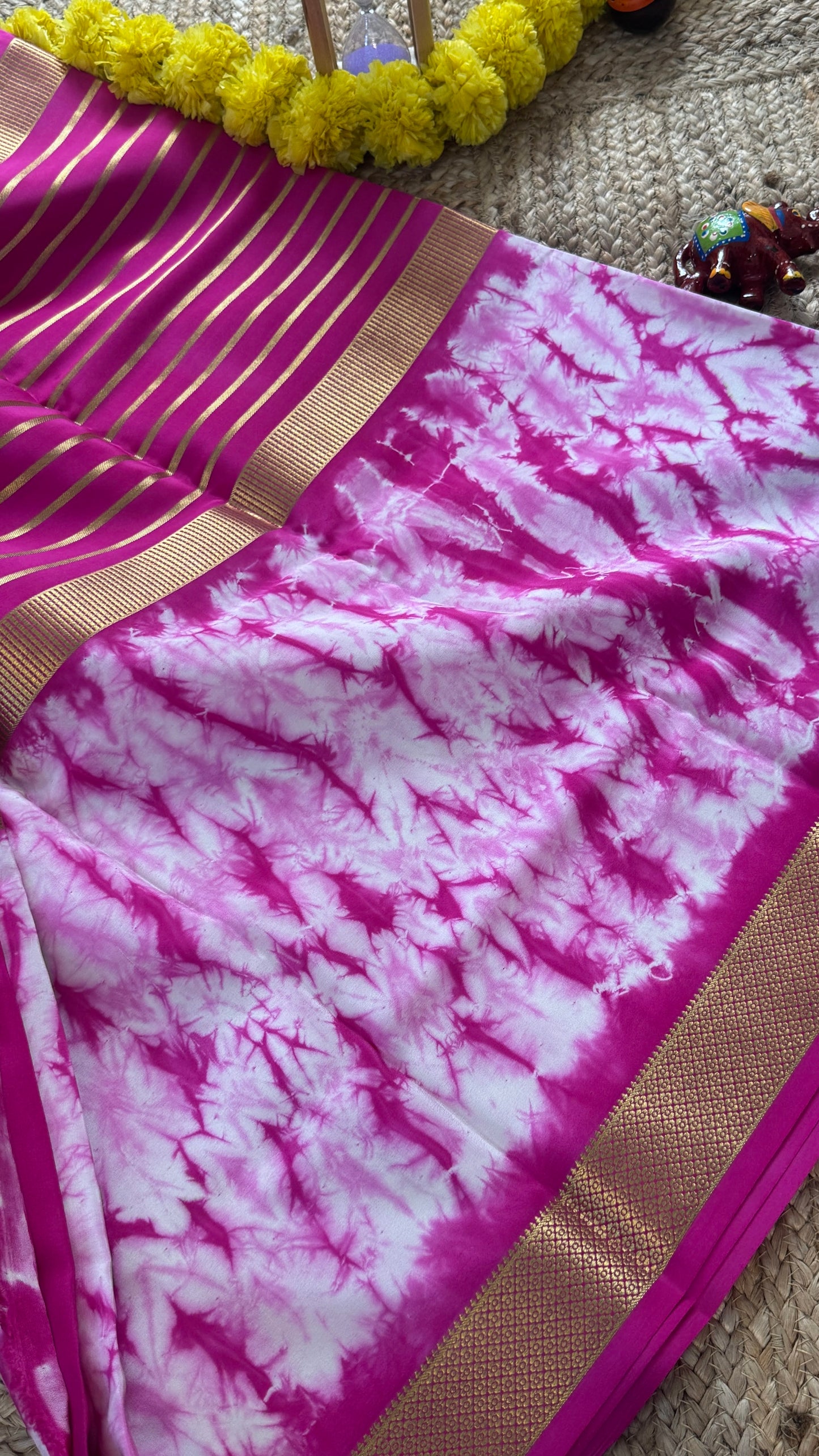 1.Pure Mysore Silk Saree - Shibori Center Stripes - Baby Pink and White