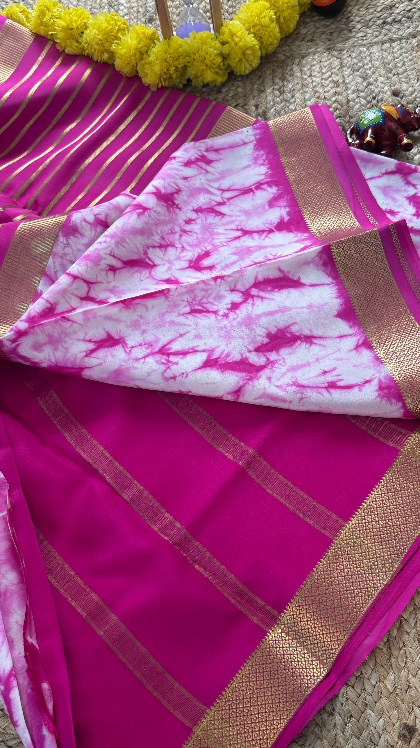 1.Pure Mysore Silk Saree - Shibori Center Stripes - Baby Pink and White