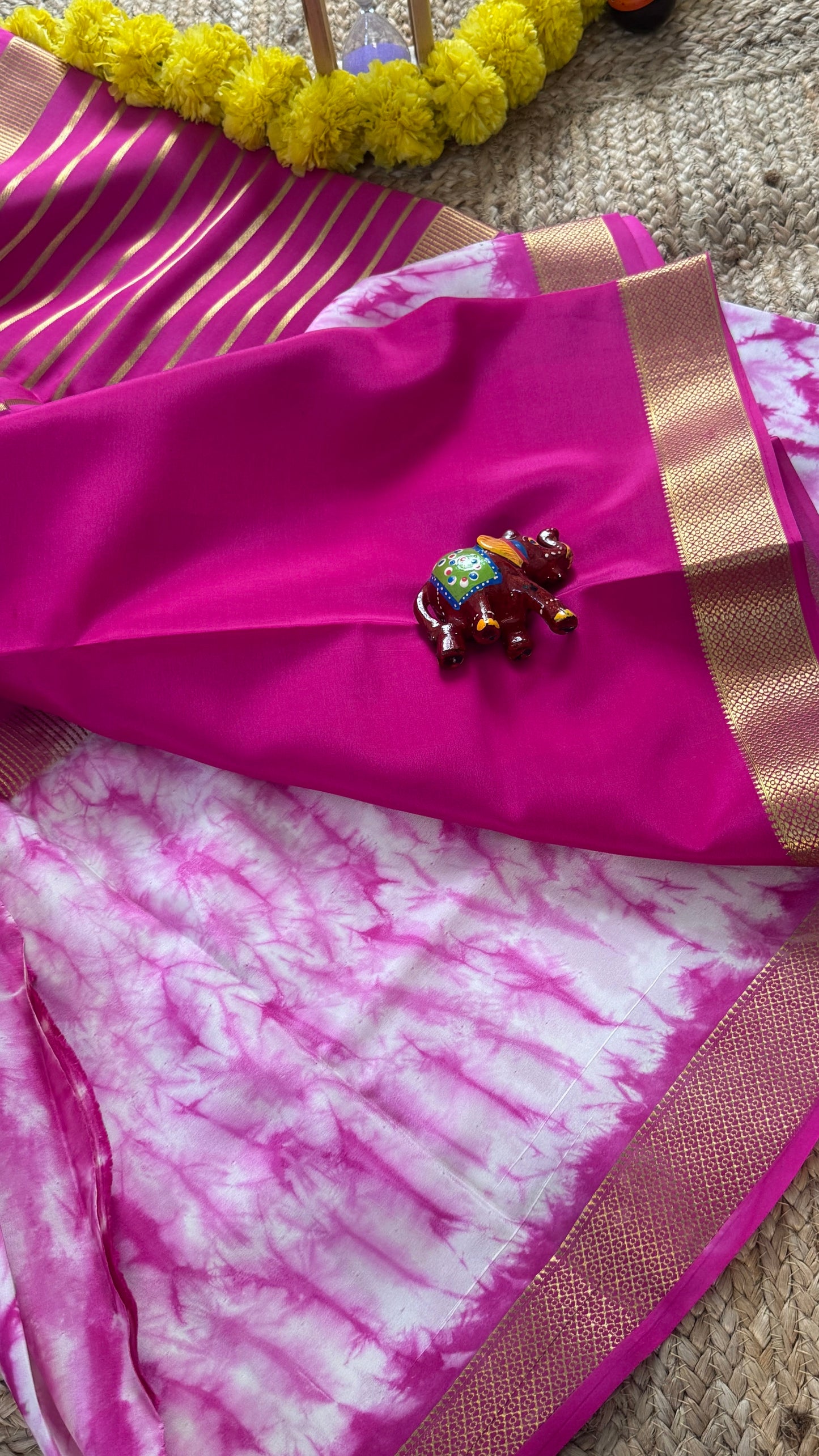 1.Pure Mysore Silk Saree - Shibori Center Stripes - Baby Pink and White
