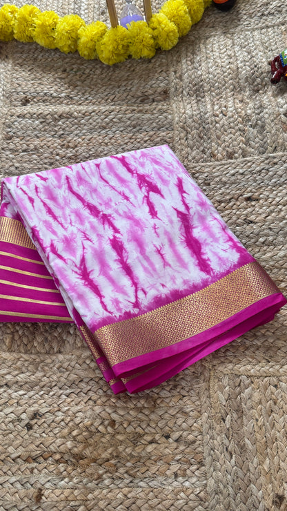 1.Pure Mysore Silk Saree - Shibori Center Stripes - Baby Pink and White