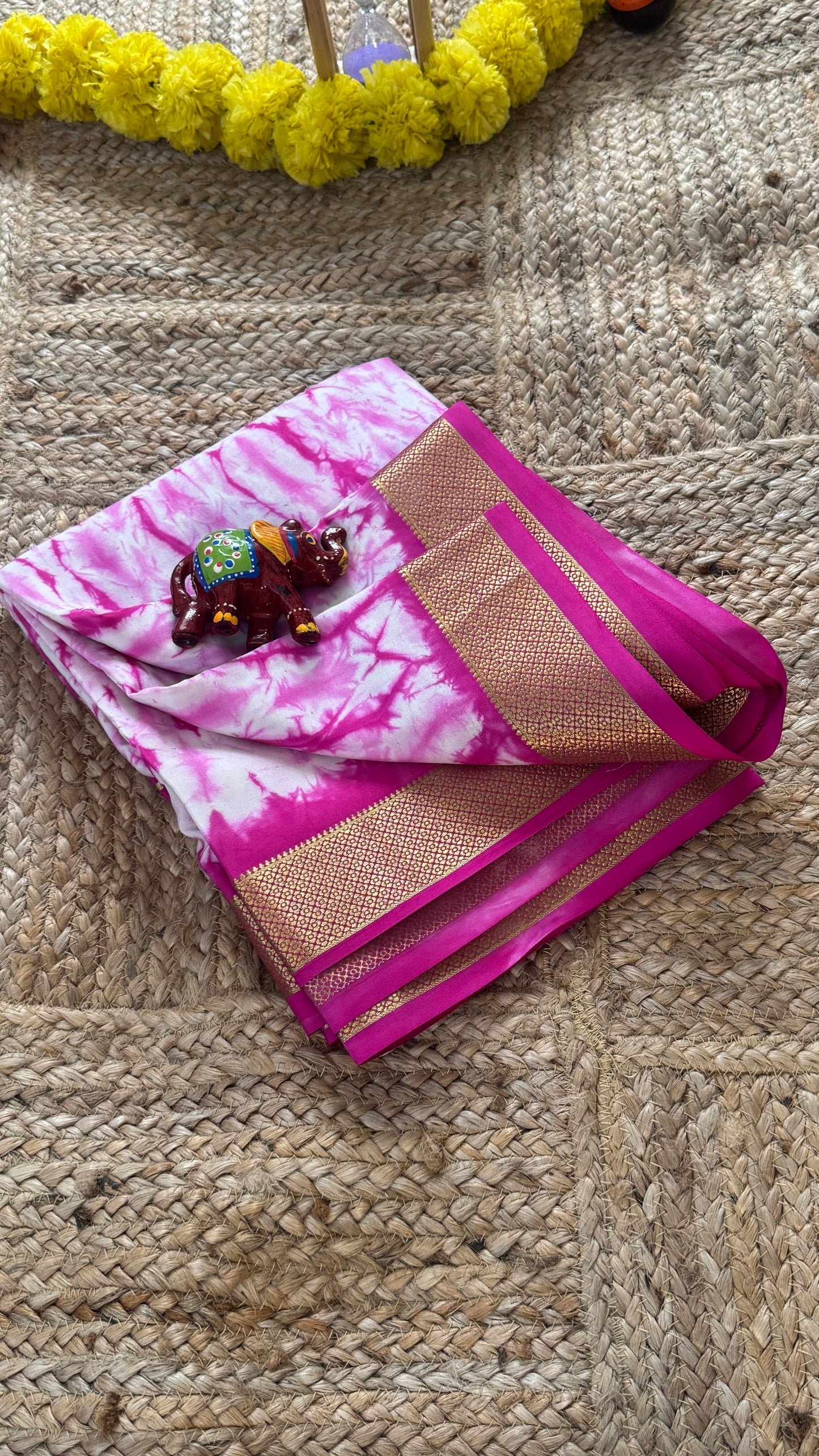 1.Pure Mysore Silk Saree - Shibori Center Stripes - Baby Pink and White