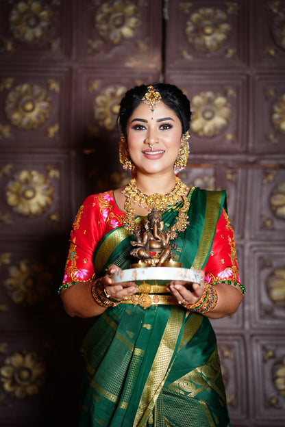 Pure Mysore Silk Saree - Jhumka Zari Solid Green