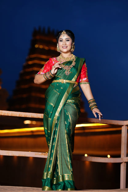 Pure Mysore Silk Saree - Jhumka Zari Solid Green