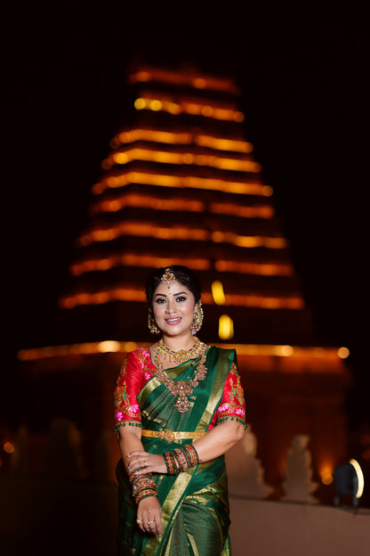 Pure Mysore Silk Saree - Jhumka Zari Solid Green