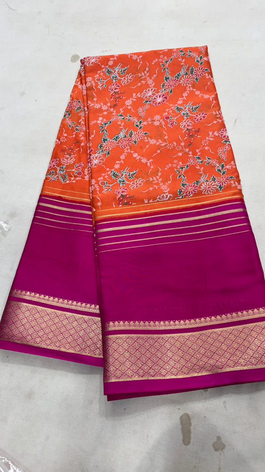 Digital Print 2D Saree - Orange and Pink