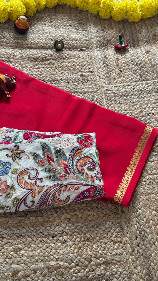 Combo Offer - Red Monotone Mysuru Silk Saree + Designer second Blouse fabric