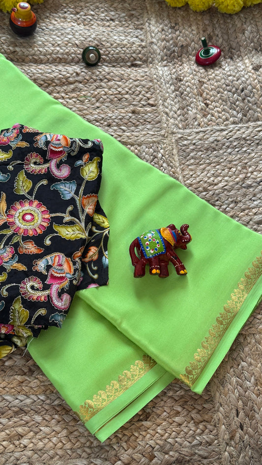 Combo Offer - Parrot Green Monotone Mysuru Silk Saree + Designer second Blouse fabric