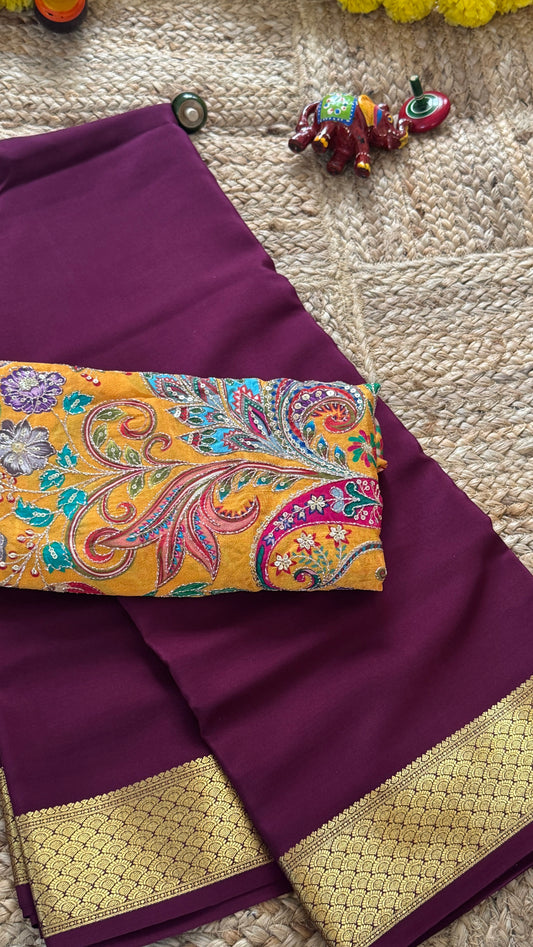 Combo Offer - Wine Monotone Mysuru Silk Saree + Designer second Blouse fabric