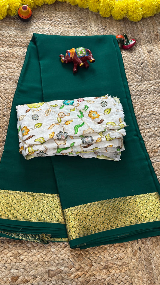 Combo Offer - Green Monotone Mysuru Silk Saree + Designer second Blouse fabric