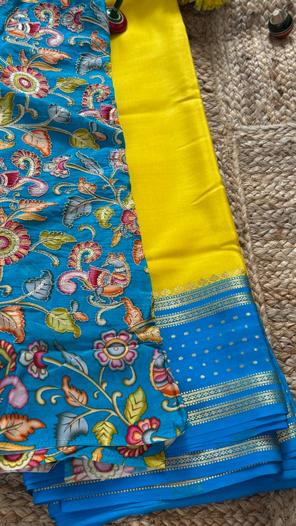 Pure Mysore Silk Sarees - Bespoke Drapes - Yellow and Blue